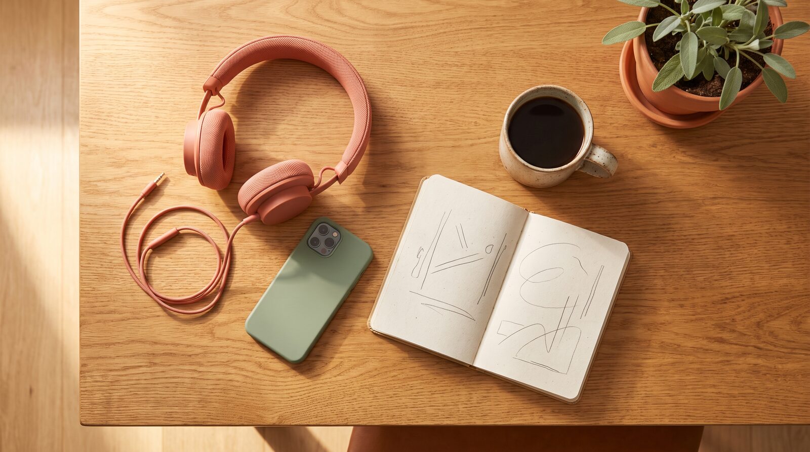 A flat lay of coral headphones, a phone, an open notebook, coffee, and a sage plant on a wooden desk
