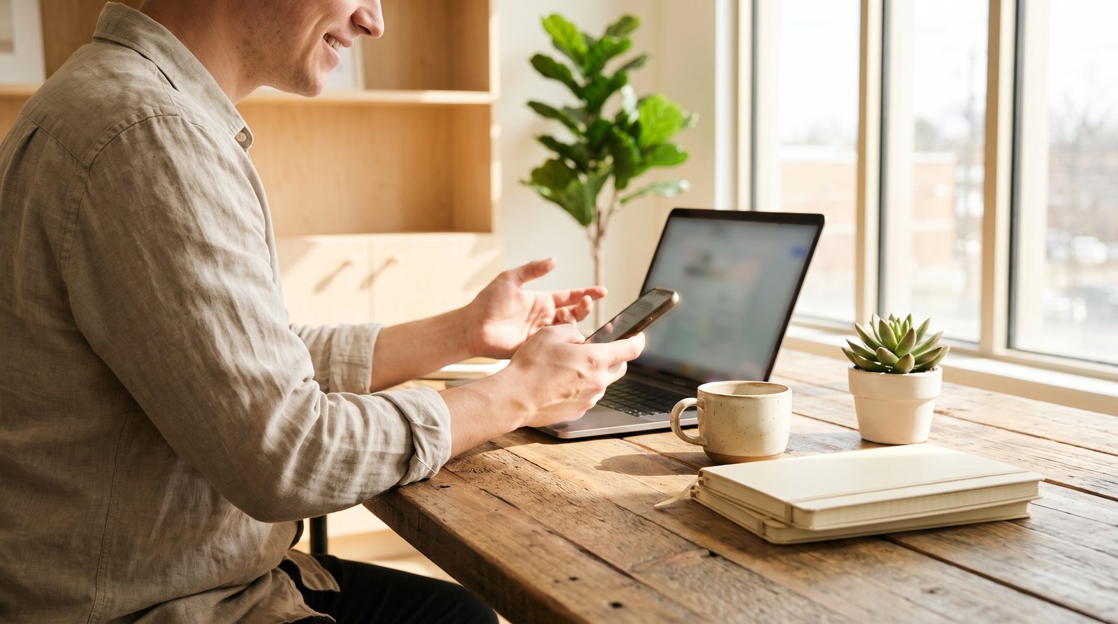 A marketer reviewing campaign results on a laptop and phone at a sunlit desk