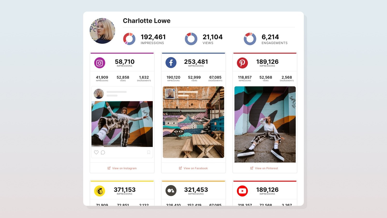 An InfluenceKit report showing Instagram, Facebook, Pinterest, Mailchimp, blog and YouTube results for one creator side by side